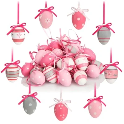 Image of com four® 36x Easter eggs to hang up hand painted decorations with great patterns decorative in several pink colours (pink. White. Gray)