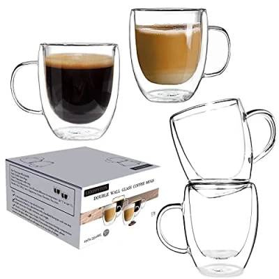 Image of Set of 4 Double Walled Design Glass Tea Coffee Cup with Handles, Lightweight Insulated Glasses Heat Resistant Cappuccino Latte Drinking Thermo Mugs (4pcs 350ml)