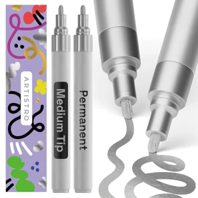 Image of ARTISTRO Metallic Permanent Markers Set of 2 Silver Paint Pen, Oil Based Medium Tip 3mm, Waterproof Quick Dry Pens for Rock Painting, Ceramic, Glass, Wood, Tire, Fabric &amp; More