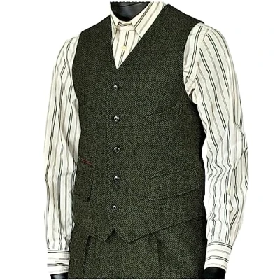 Image of Solovedress Mens Vintage Suit Waistcoat V Neck Wool Blend Tweed Herringbone Vest for Wedding Party(Army Green,XXL)