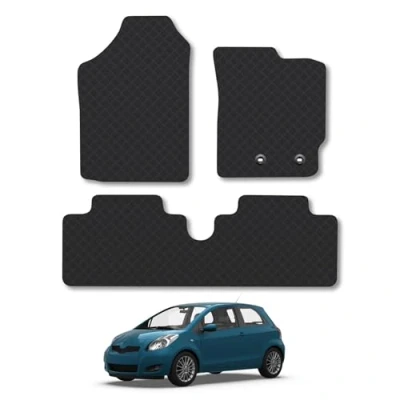 Image of Rubber Car Mats Compatible with Toyota Yaris (2006 2011) Tailored Fit Floor Set Accessory Black Custom 4 Pieces Clips Anti Slip Backing, Heavy Duty &amp; Waterproof