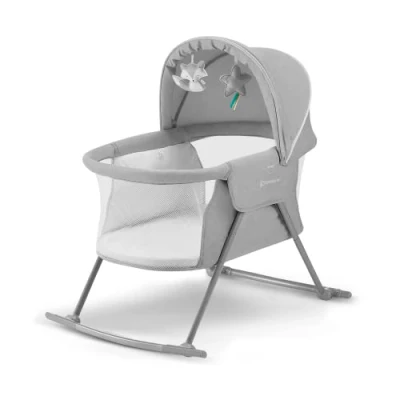 Image of Kinderkraft Baby Crib 3 in 1 LOVI, Cradle, Travel Cot, Rocker, Easy Folding and Unfolding, Adjustable Canopy, with Accessories, Mattress Cover, Included Toys, Transport Bag, for Newborn, 0 9 kg, Gray