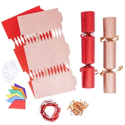 Image of evelay 12 Make Your Own Christmas Cracker Kit DIY Rose Gold &amp; Red Glitter Crackers Hats Snaps Jokes (Rose Gold, Red)