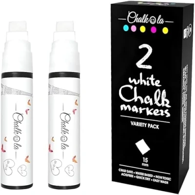 Image of White Jumbo Chalk pens 15mm Window Markers Pack of 2 Use on Cars, Chalkboard, Whiteboard, Blackboard, Glass, Bistro Loved by Teachers, Artists, Businesses