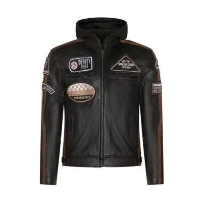 Image of Mens Black Leather Biker Hood Racing Moto Jacket M