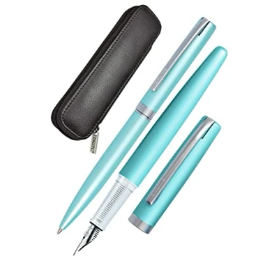Image of Online Set Eleganza Fountain Pen &amp; Ballpen I Satin Turquoise Nib Size M Metal Clip Retractable Biro for Standard Ink Cartridges Or Converter In Gift Box