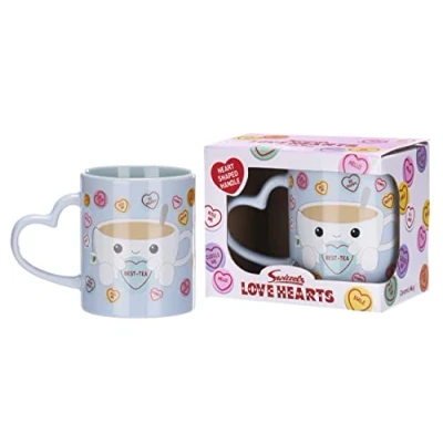 Image of Posh Paws Swizzels Love Hearts 11OZ Tiffany Cup of Tea Best Heart Shaped Handle Ceramic Mug, Blue, 37751