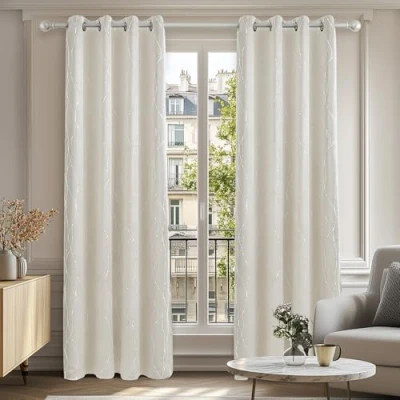 Image of Deconovo Energy Saving Curtains Foil Dotted Line Printed Eyelet Blackout for Girls Bedroom Light Beige W55 xL96 One Pair