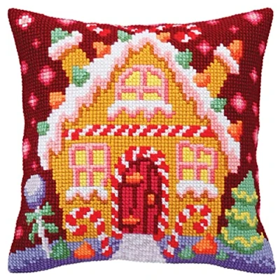 Image of Collection D&#039;Art 5392 Gingerbread Hut Cross Stitch Cushion, Cotton, Multi Colour, 40 x cm