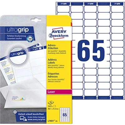 Image of AVERY Zweckform L7651 25 Address Labels (1,625 with Ultragrip, 38.1 x 21.2 mm on A4, Printable, Self Adhesive for Labels, Matte Paper) Sheets White