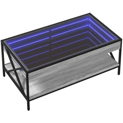 Image of vidaXL Coffee Table with Infinity LED Mirror Grey Engineered Wood, Metal Feet, 90x50x38 cm, Modern Hallway/Side/End