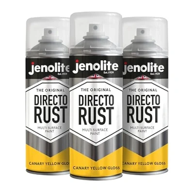 Image of JENOLITE Directorust Gloss Spray Paint CANARY YELLOW 3 x 400ml Direct To Rust For Metal Multi Surface Wood, Metal, Plastic, Ceramic RAL 1018