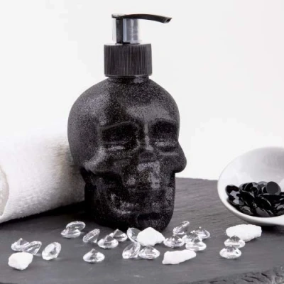 Image of Accentra Skull Soap Dispenser with Liquid / Decoration for the Bathroom Black Chrome Look Pump (Glitter)