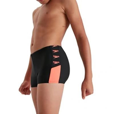 Image of Speedo Junior Boy&#039;s Boom Logo Splice Aquashort, Black / Siren Red, 9 10 Years