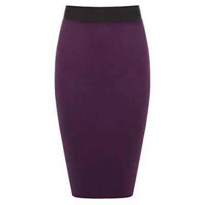 Image of Womens Pencil Stretch Tube Wiggle Ladies Contrast Elasticated Waistband Fit Bodycon Plain Office Midi Skirt Purple Size 20 22 (XXL)