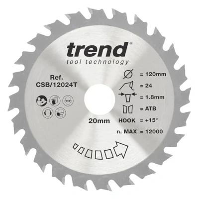 Image of Trend Wood Cordless Circular Saw Blade, 120mm Diameter, 20mm Bore, 24 Teeth, TCT, 1.8mm Kerf, +15 Hook, CSB/12024T