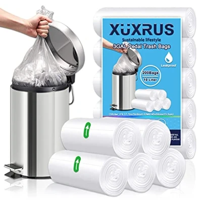 Image of XUXRUS 10l Pedal Bin Liners 200 Counts Small Clear Plastic Bags Strong Wastebasket Trash Can for Bathroom Toilet, Bedroom, Office,Desk,Fit 10 15ltr,Clear