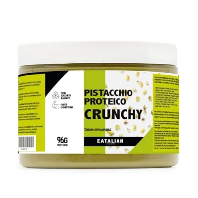 Image of EATALIAN by AMZ BETTER Spreadable Crunchy Pistachio Protein Cream 500 grams, with Grains of Pistachio, Paste, Sweet taste, Ideal on bread and for filling cakes, Made in Italy