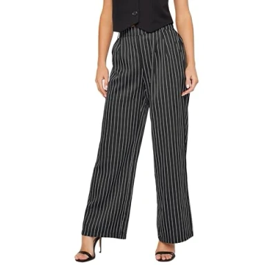 Image of PixieGirl Black Pinstripe Print Wide Leg Trousers Petite