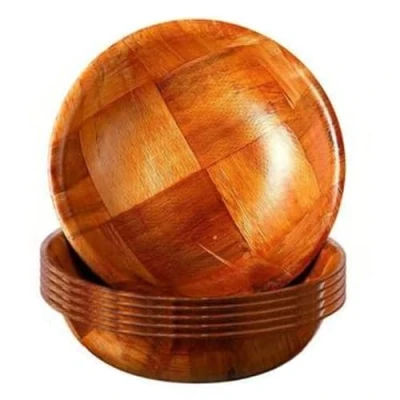 Image of Wooden Woven Salad Bowl Unbreakable Round Serving Wood Snack Large Bowls For Fruits, Pasta, Popcorn Ideal Food Presentation Real &amp; Sealed Finish. (6 inch)