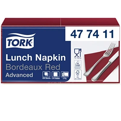 Image of Tork 477411 Soft Bordeaux Lunch Napkin / 3 Ply Advanced, Unprinted Serviette in Dark Red 10 x 150 Sheets (WxL: 16.3cm 16.5cm)