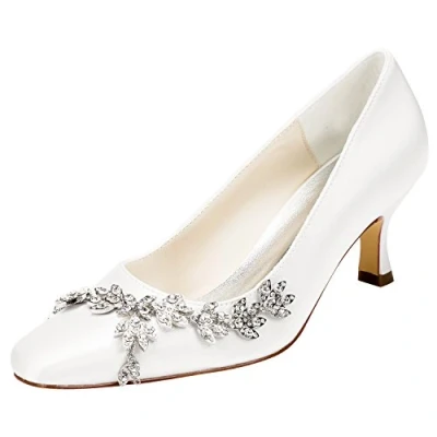 Image of Emily Bridal 141 1 Women&#039;s Wedding Shoes Closed Toe 2.28 Inches Chunky Heel Satin Pumps with Rhinestone (EU39/UK6, Ivory)