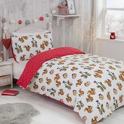 Image of Sleepdown Forest Animals Red White Reversible Duvet Cover Bedding Set With Pillowcase Single 135cm x 200cm