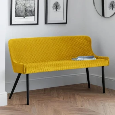 Image of Julian Bowen Luxe High Back Bench, Velvet/Metal, Mustard/Black, Height: 81, Width: 143, Depth: 62cm