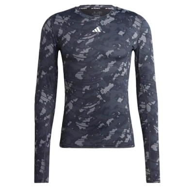 Image of adidas Men&#039;s Techfit All Over Print Long Sleeve T Shirt, Black/Print, Large