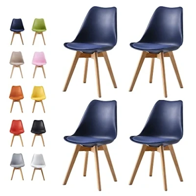 Image of mcc direct Set of 4 Dining Chairs Wooden Legs Soft Cushion Pad Stylish DELUXE Retro Lounge Office EVA (Blue)