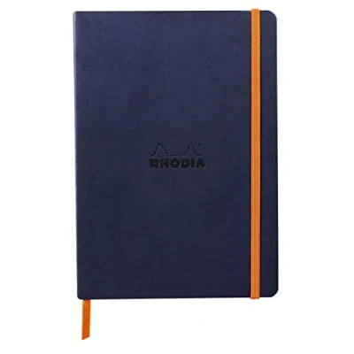 Image of RHODIA 117378C Midnight Blue Flexible Notebook A5 Lined 160 pages Clairefontaine Ivory Paper 90 g/m Bookmark, Elastic Closure Faux Leather Cover Rhodiarama Collection