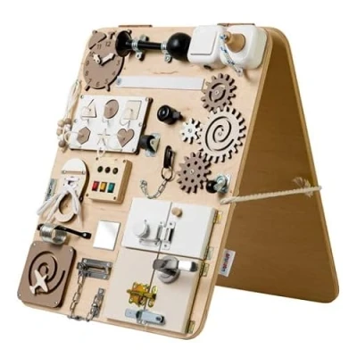 Image of Playlearn Sensory Wooden Busy Board for Early Development 25 in 1 Montessori 3+ Years Old Lacing Sorter Gears Shapes Lock Activity Woobiboards Tools Basic Life Skills Preschool