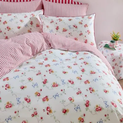 Image of Ashley Wilde Cath Kidston Rose and Bows Floral Striped 100% Cotton Duvet Cover Set (Double 200cm x 200cm)