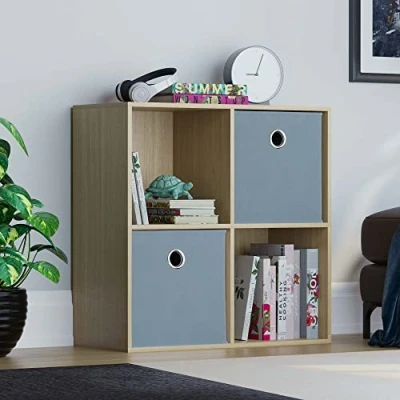 Image of Vida Designs Durham Cube Bookcase Storage Organiser Living Room Bookshelf Home Office Furniture (4 &amp; 2 Grey Baskets, Oak)