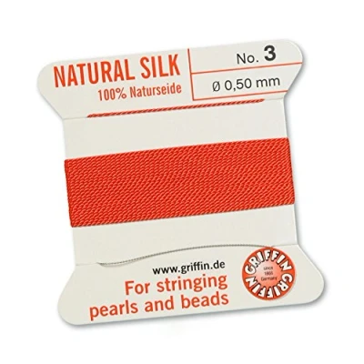 Image of GRIFFIN 100% Natural Silk Beading Cord String Thread Coral 2 metres with one needle Size 0.50mm