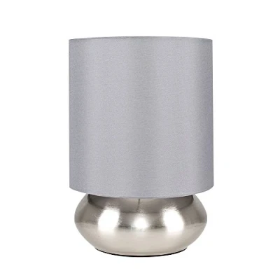 Image of Pair of Modern Brushed Chrome Bedside Touch Table Lamps with Grey Shades