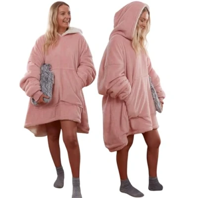 Image of Sienna Hoodie Blanket Ultra Soft Sherpa Fleece Warm Comfy Cosy Oversized Wearable Giant Sweatshirt Throw for Women Girls Adults Men Boys Kids Big Pocket Blush Pink