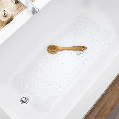 Image of TEESHLY Bathtub Mats for Shower Tub Extra Long Non Slip Bath Mat, Mat with Drain Holes and Suction Cups, Bathroom Machine Washable (White)