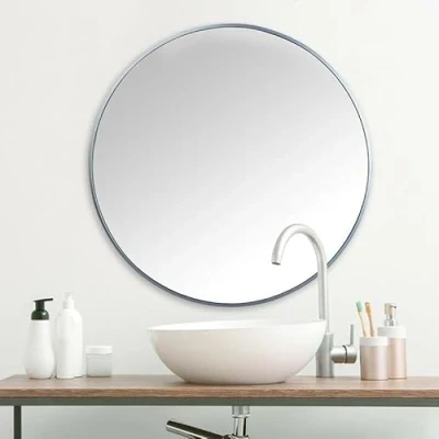 Image of Biznest Large 60cm Round Grey Wall Mounted Mirror Aluminium Frame Bathroom Living Room A Must Have Very Good Size
