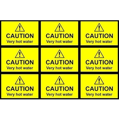 Image of Caution very hot water sign Self adhesive sticker Pack of 9 stickers100mm x 66mm