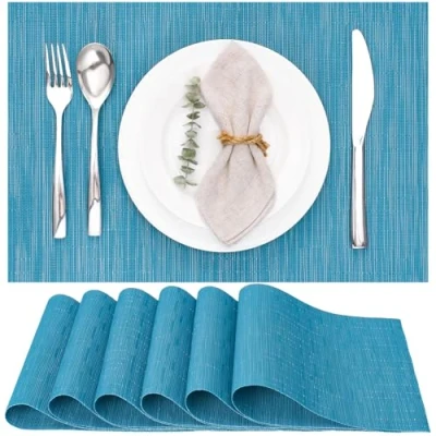 Image of Myir JUN Table Mats Set of 6, Place Placemats Washable Non slip Heat Insulation Woven Vinyl for Kitchen Dinning Restaurant 18&quot;X12&quot; (Blue)