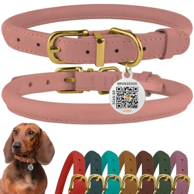 Image of BRONZEDOG Rolled Leather Dog Collar with QR ID Tag Adjustable Soft Round Collars for Small Medium Large Dogs Puppy Cat (Blush, 35 41 cm)