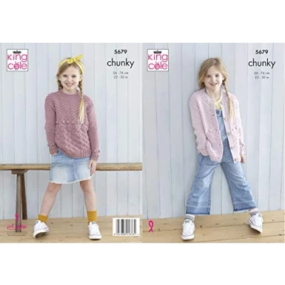 Image of King Cole 5679 Knitting Pattern Girls Sweater and Cardigan in Subtle Drifter Chunky