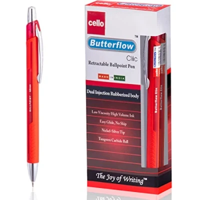 Image of Cello Butterflow Clic Retractable Ballpoint Pens Medium Point (0.8 mm) Pack of 12 (Red)