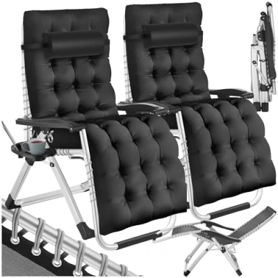 Image of TecTake® Set of 2 Sun Loungers with Adjustable Backrest &amp; Footrest, Breathable Fabric Soft Cushioning, Folding Chair Sturdy Steel Frame, Ideal Patio, Balcony Garden Chairs Black