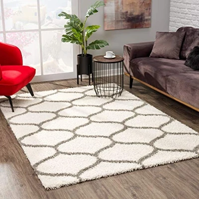 Image of SANAT Madrid Shaggy Rug High Pile Rugs for Living Room, Bedroom, Kitchen Morocco Cream, Size: 60 x 110 cm