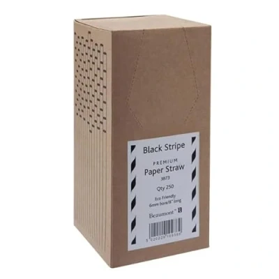 Image of 8 Inch 6mm Bore Paper Straw Black &amp; White Striped Pk 250