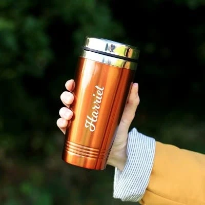 Image of eBuyGB Personalised Travel Mug, Double Walled 450ml Reusable Drinks Flask, Insulated Cup, Stainless Steel Coffee Cup (Orange)
