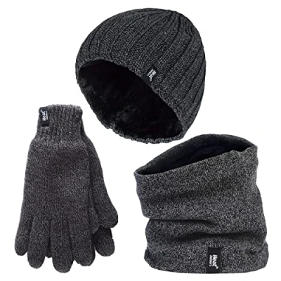 Image of HEAT HOLDERS Mens Hat, Neck Warmer &amp; Gloves Set Winter Knitted Warm Accessories (L XL, Grey)