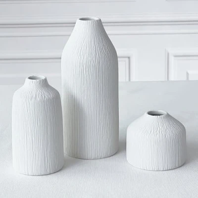 Image of Boho Ceramic White Bud Vases by Kate Aspen (Set of 3) Flower Vase for Pampas Grass, Eucalyptus, Dry Flowers &amp; Plants Shelf Decor, Mantle Decoration, Modern Farmhouse Decor